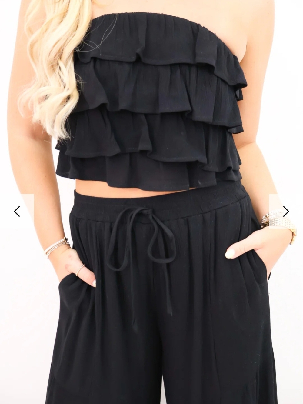 HYFVE Black Ruffle Strapless Crop Top & Drawstring Wide-Leg Pants Set